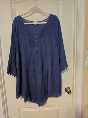 Avenue Indigo V-Neck Tunic with Lace Hem